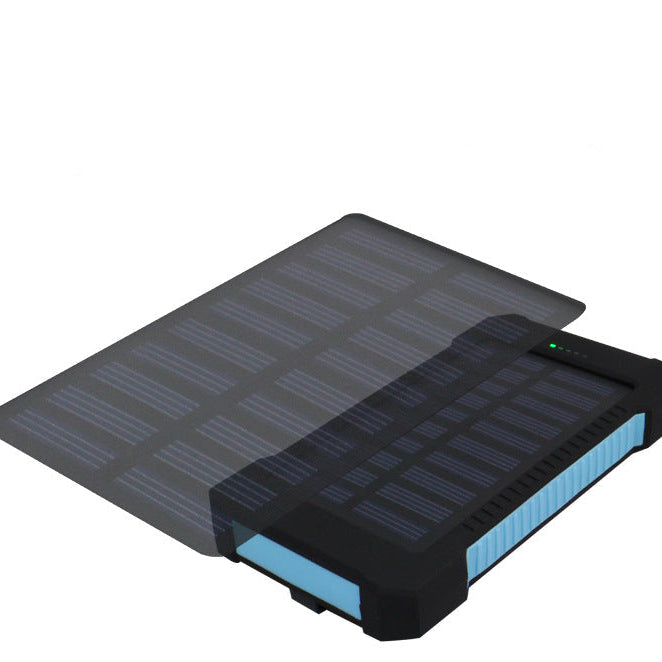 Solar panel charging device with text on a white background