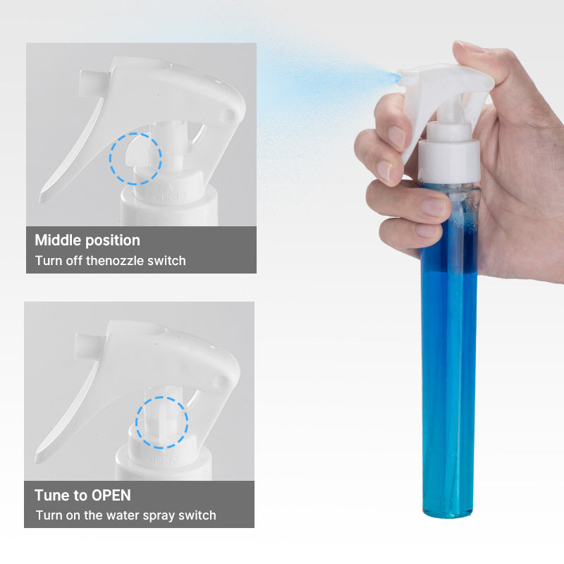 Hand holding a blue spray bottle with instructions on how to use it.