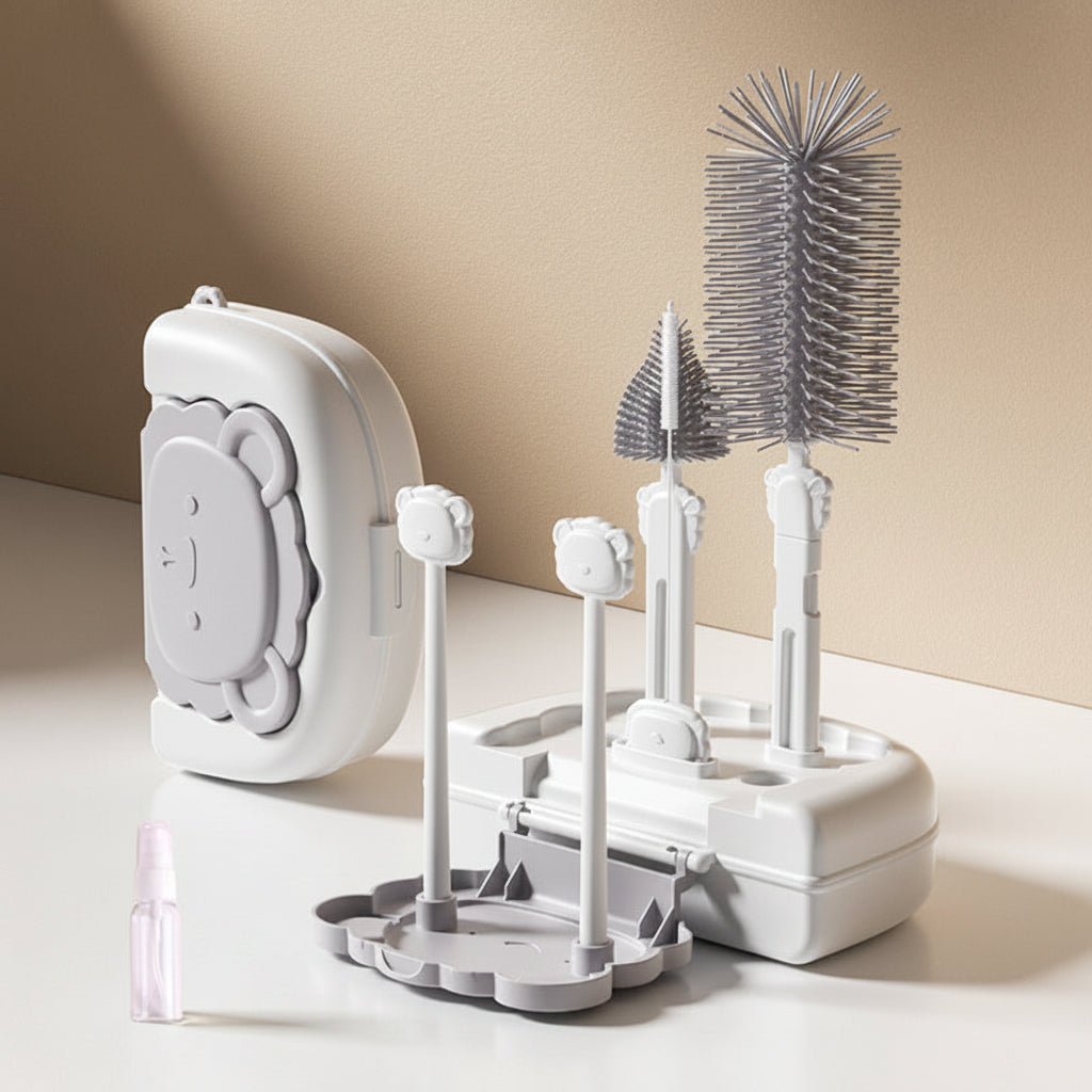 Bottle cleaning brush set with stand and storage case on a beige background
