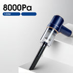 Handheld vacuum cleaner with features listed on a gray background