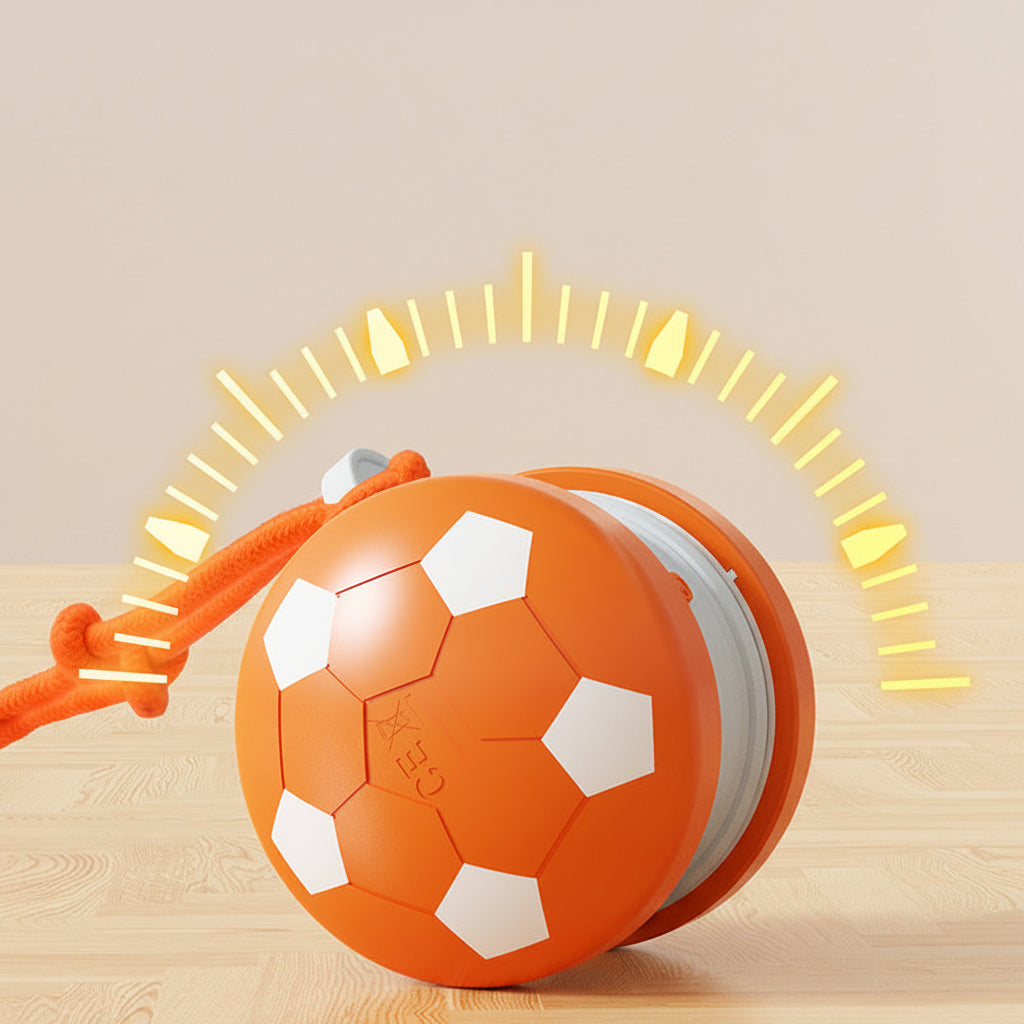 Orange ball with white hexagonal patterns and a rope on a beige background
