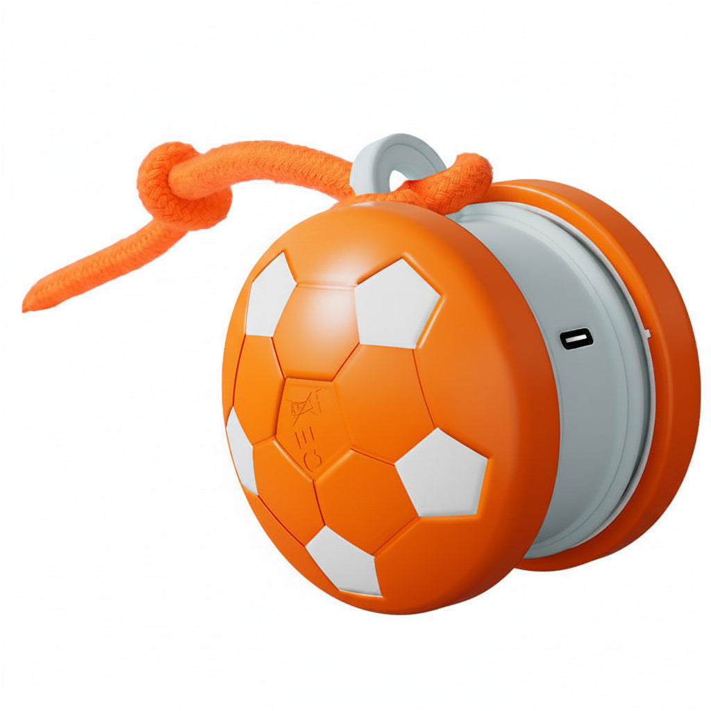 Orange ball-shaped device with a rope attachment on a white background