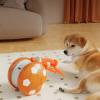 Dog playing with a toy on a rug, with text about TPU material and low noise.