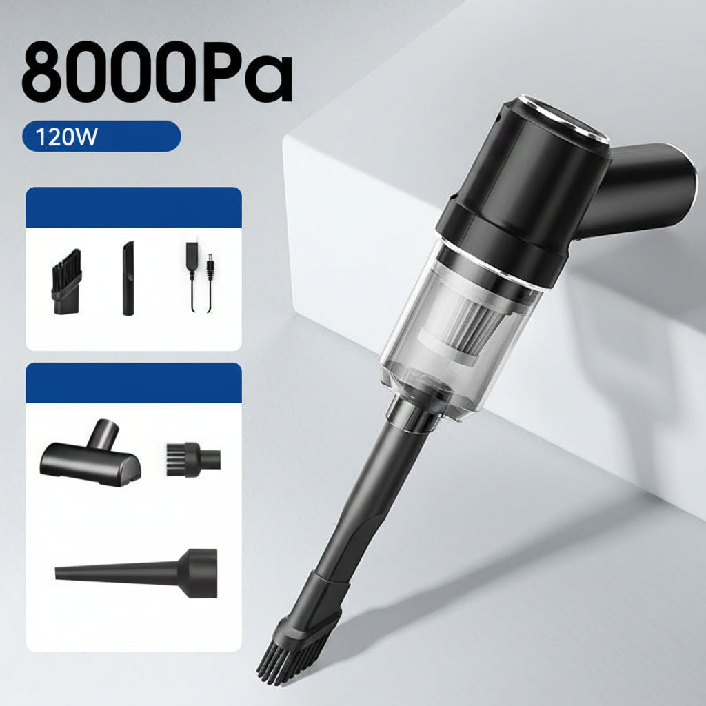 Handheld vacuum cleaner with attachments on a light gray background