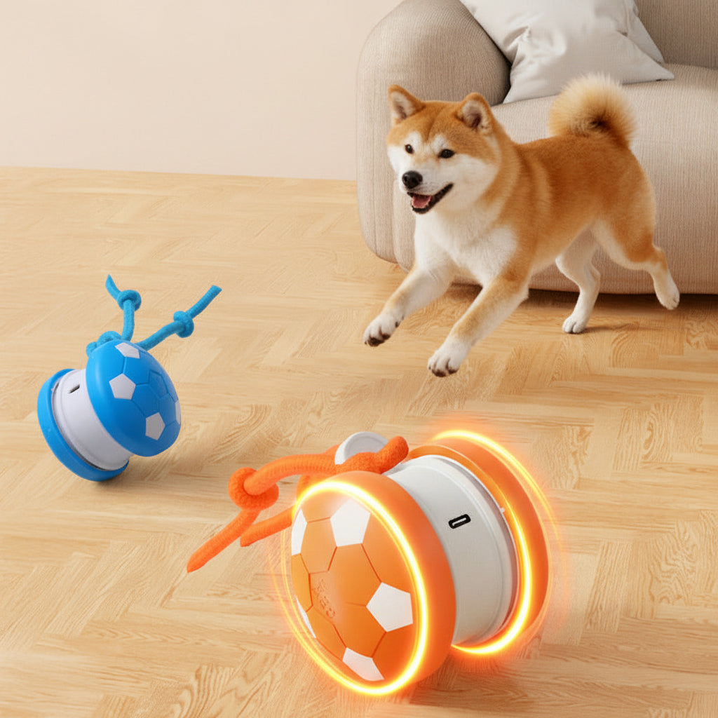 Dog playing with a toy on a wooden floor, with text in Chinese.