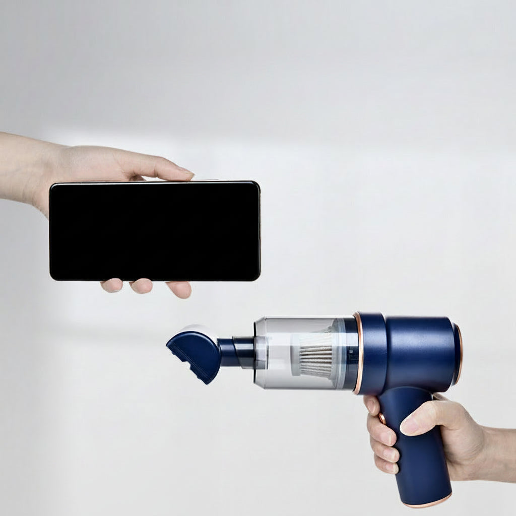 Handheld vacuum cleaner being held next to a smartphone with text comparing weight.