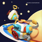 Colorful toy vehicle on a space-themed background with stars and planets.