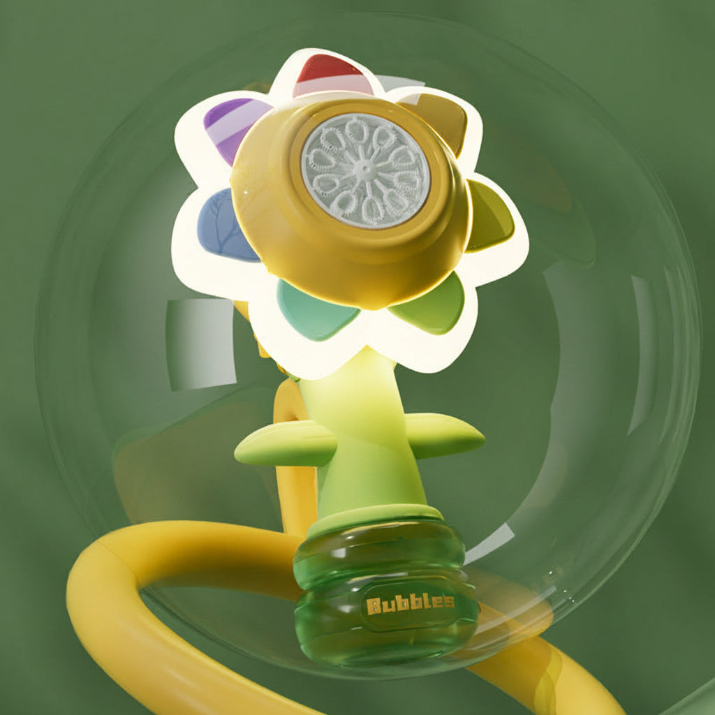 Colorful bubble machine with a green background
