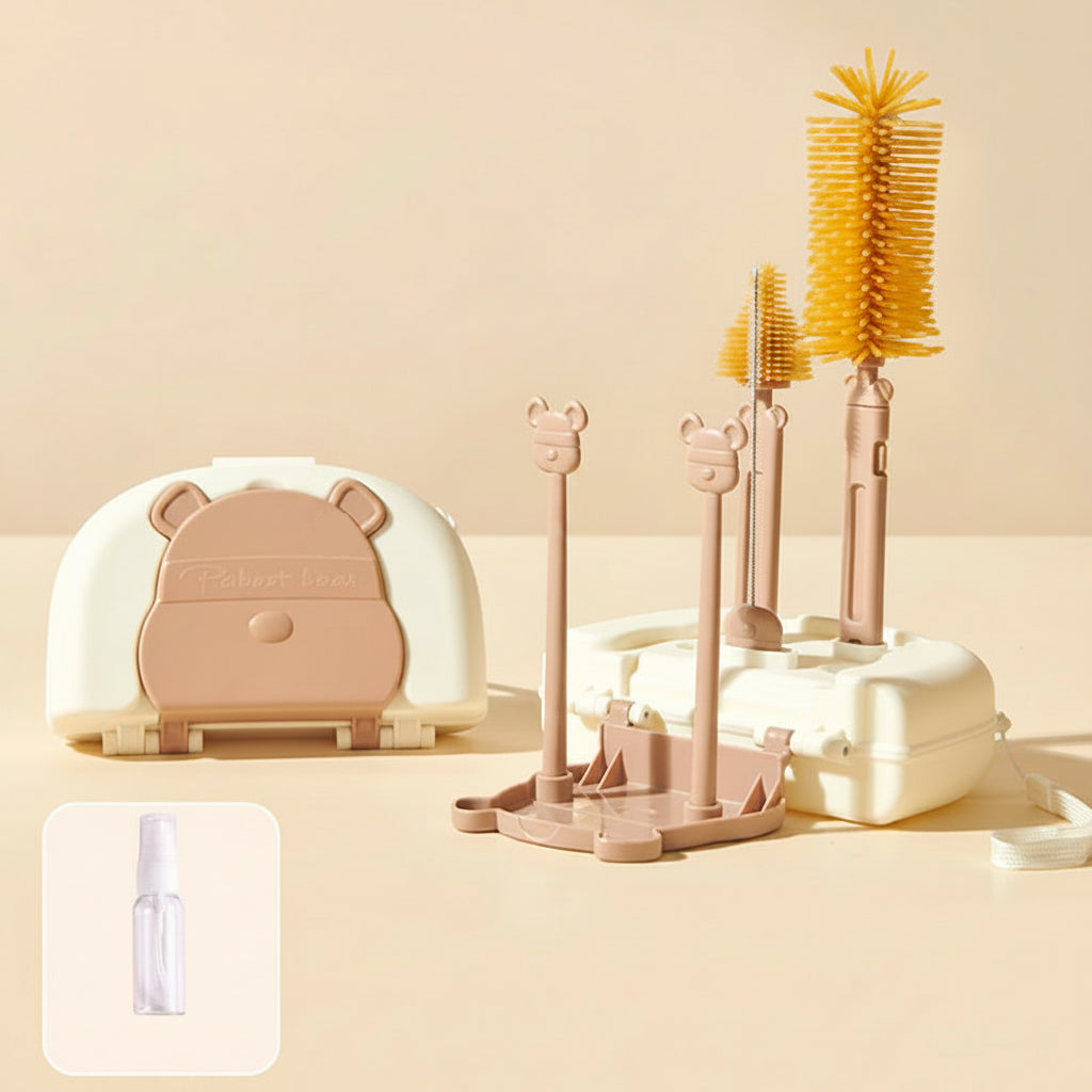Baby bottle cleaning set with various brushes and a storage case on a beige background