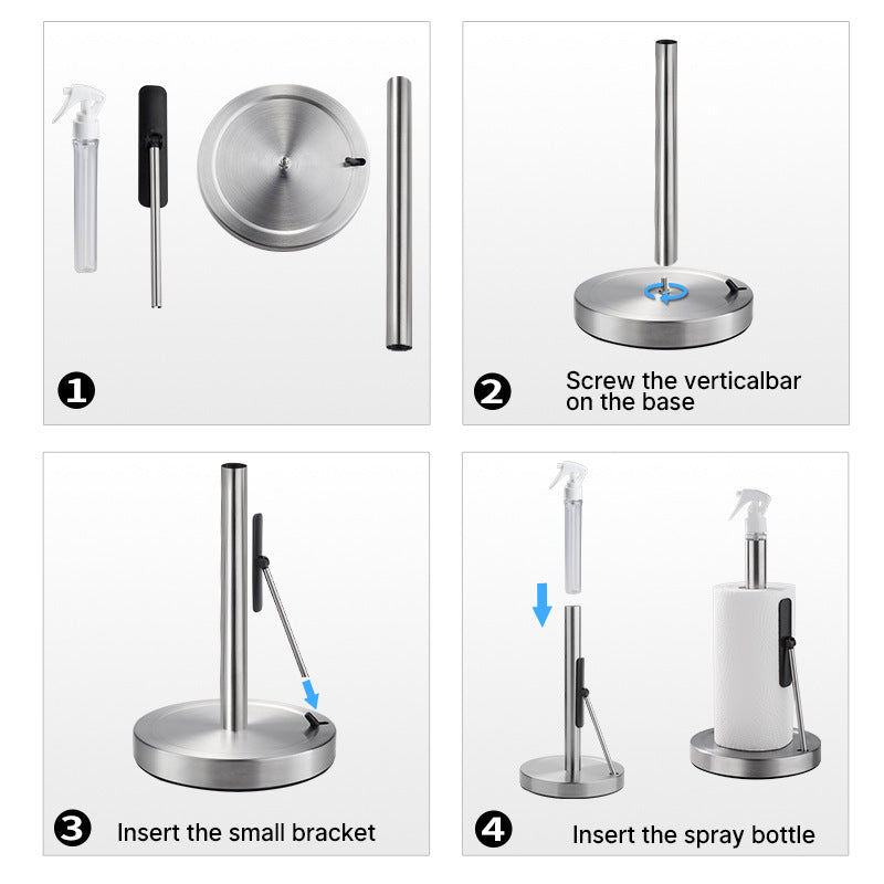 Step-by-step assembly instructions for a metal stand with a spray bottle.
