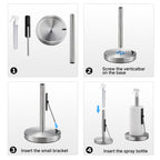 Step-by-step assembly instructions for a metal stand with a spray bottle.