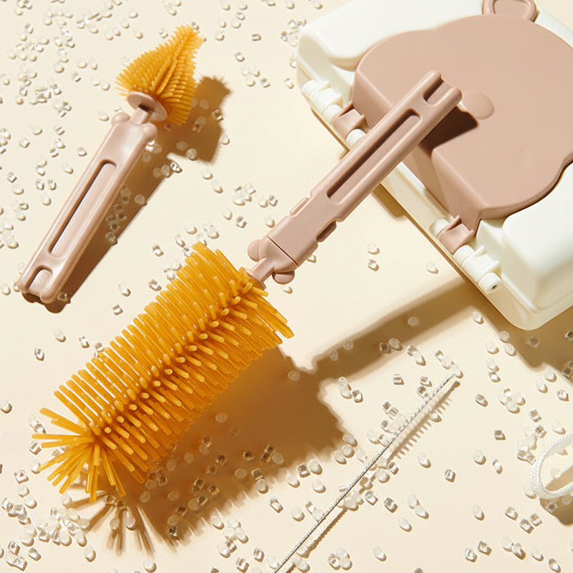 Cleaning brush set with a bear-shaped container on a beige background