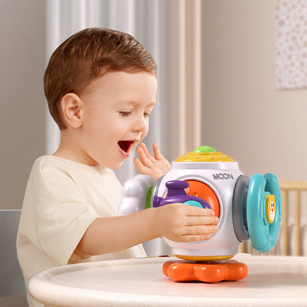 Child playing with a colorful toy on a table, with text in the background.