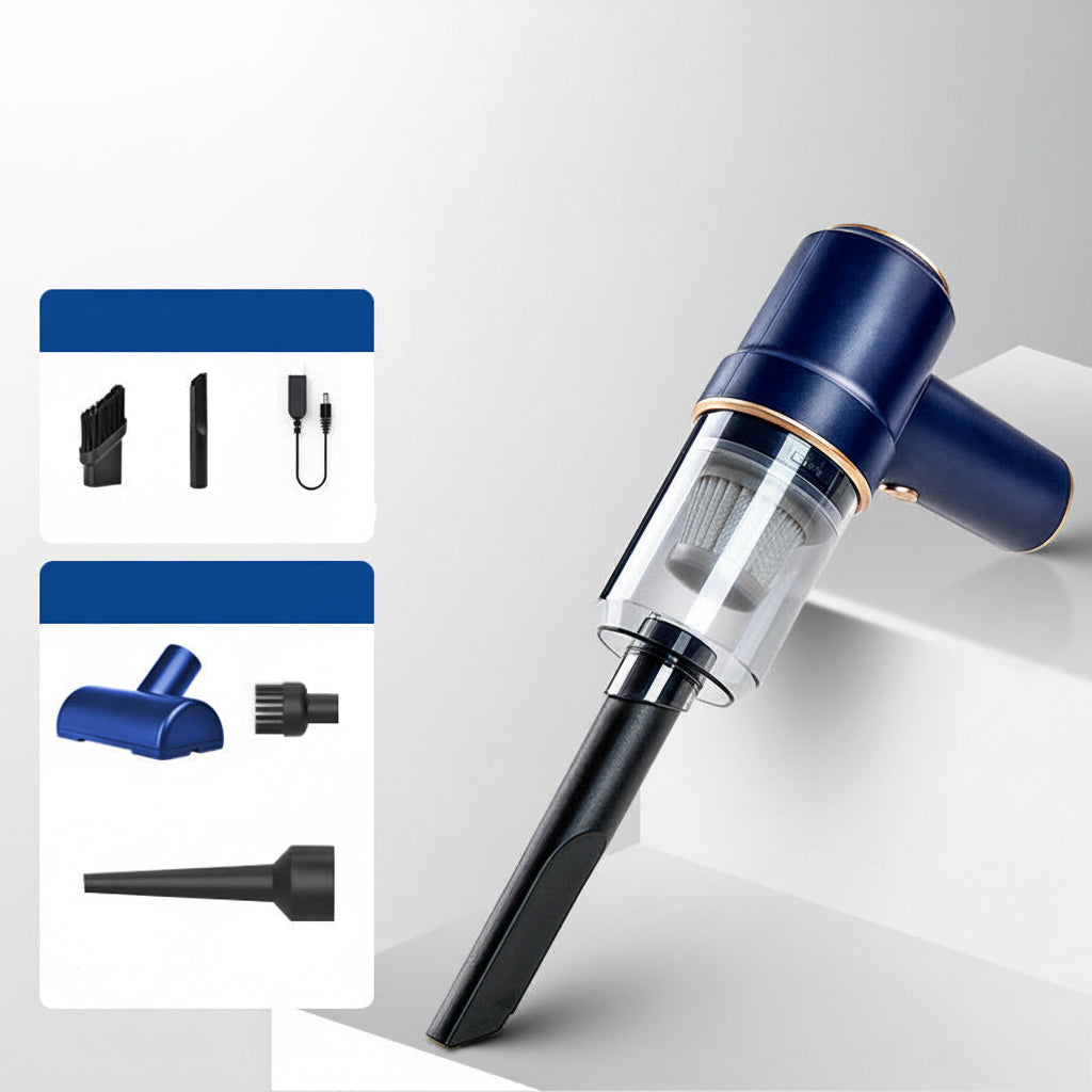Handheld vacuum cleaner with attachments on a gray background