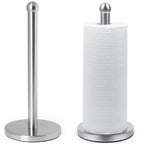 Stainless steel paper towel holder with a roll of paper towels on a white background