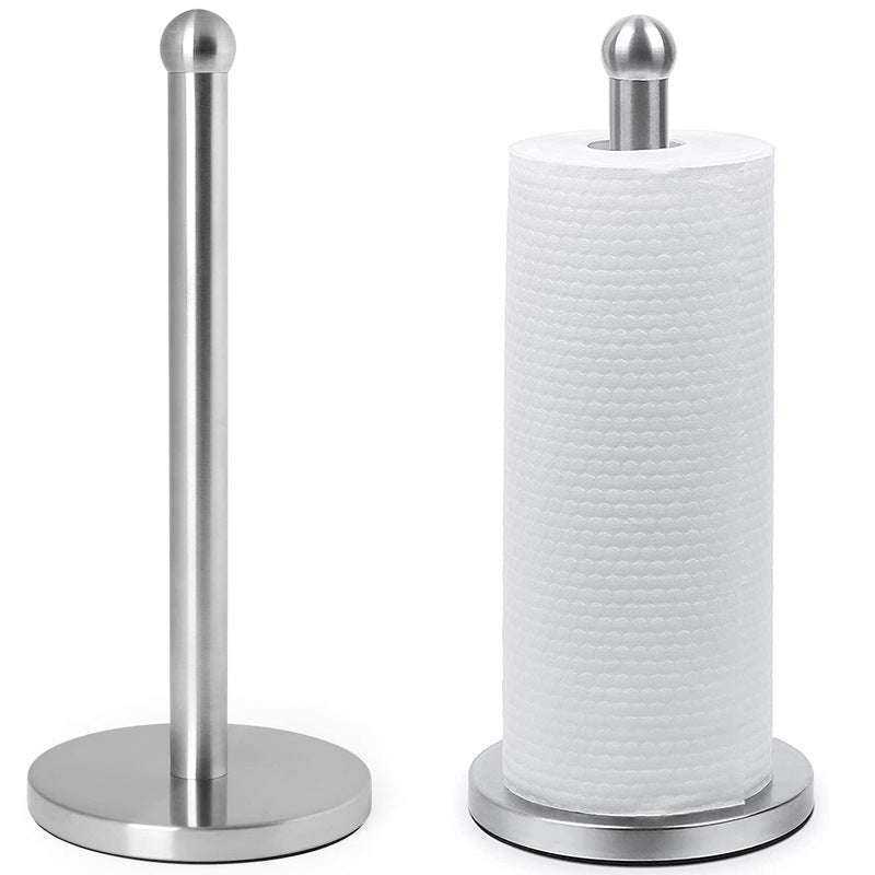 Stainless steel paper towel holder with a roll of paper towels on a white background