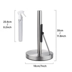 Stainless steel stand with spray bottle and dimensions labeled