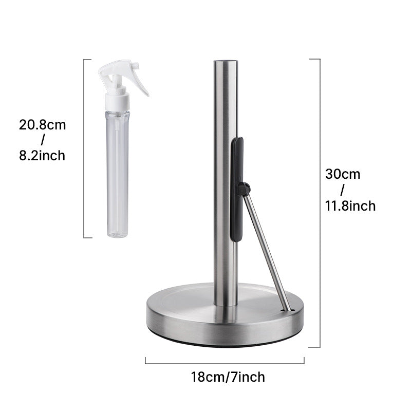 Stainless steel stand with spray bottle and dimensions labeled