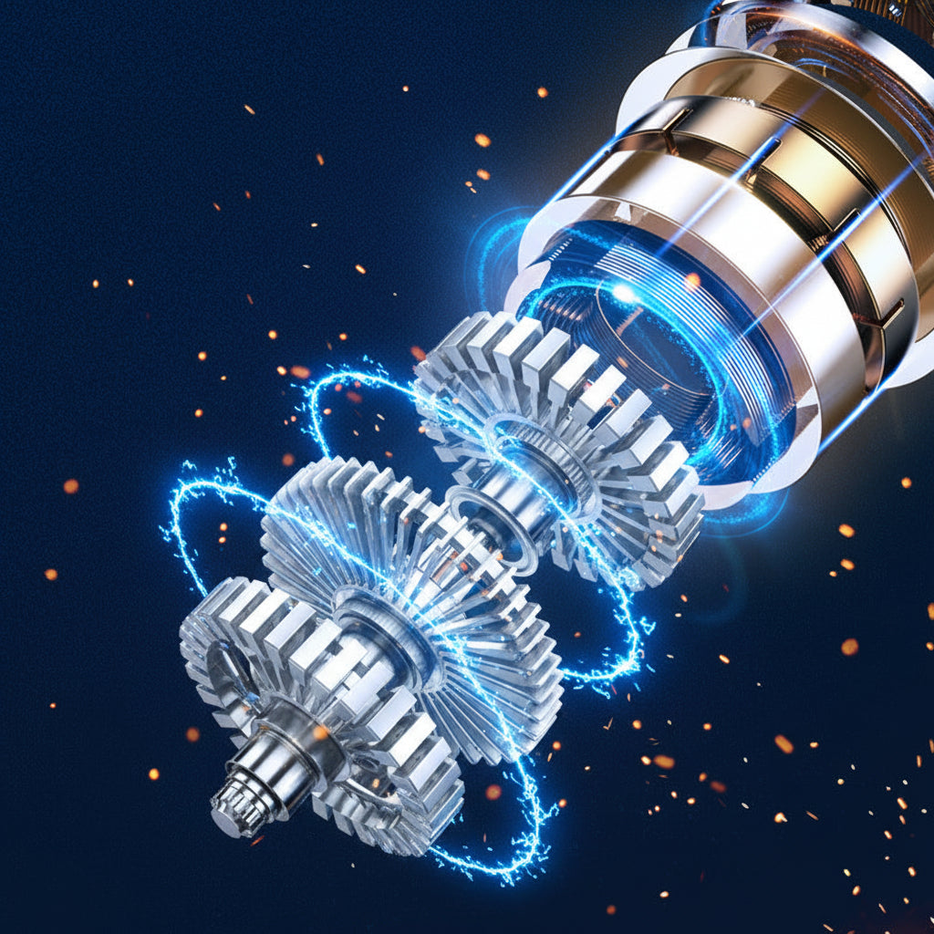 Metallic turbine blade with glowing effects on a dark background