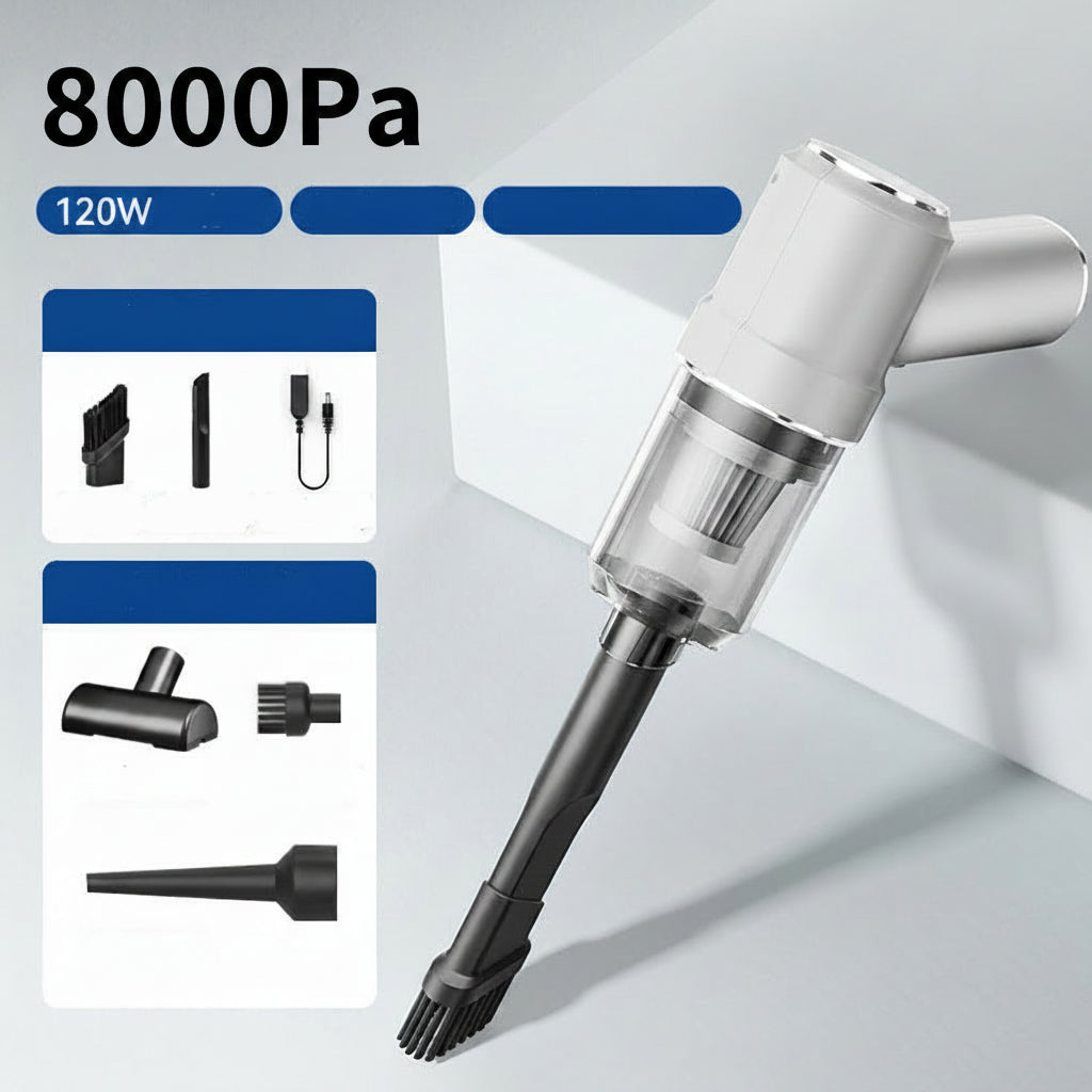 White handheld vacuum cleaner with attachments on a light gray background
