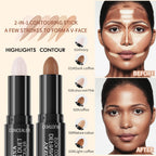 2-in-1 contouring stick with before and after application on a woman's face.