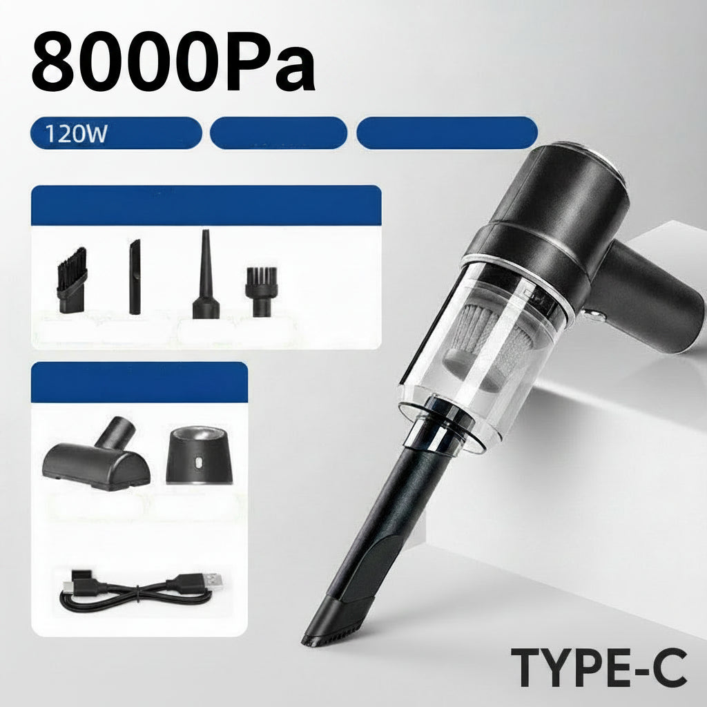 Handheld vacuum cleaner with accessories on a gray background