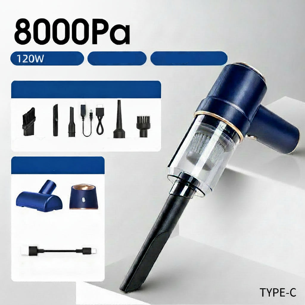 Handheld vacuum cleaner with attachments on a gray background