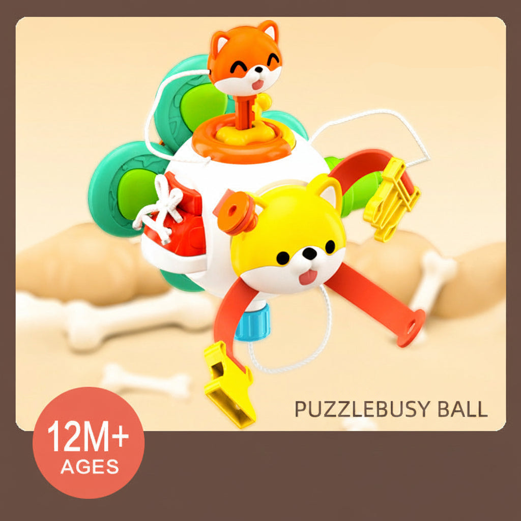 Colorful puzzle ball toy with cartoon animal figures on a beige background